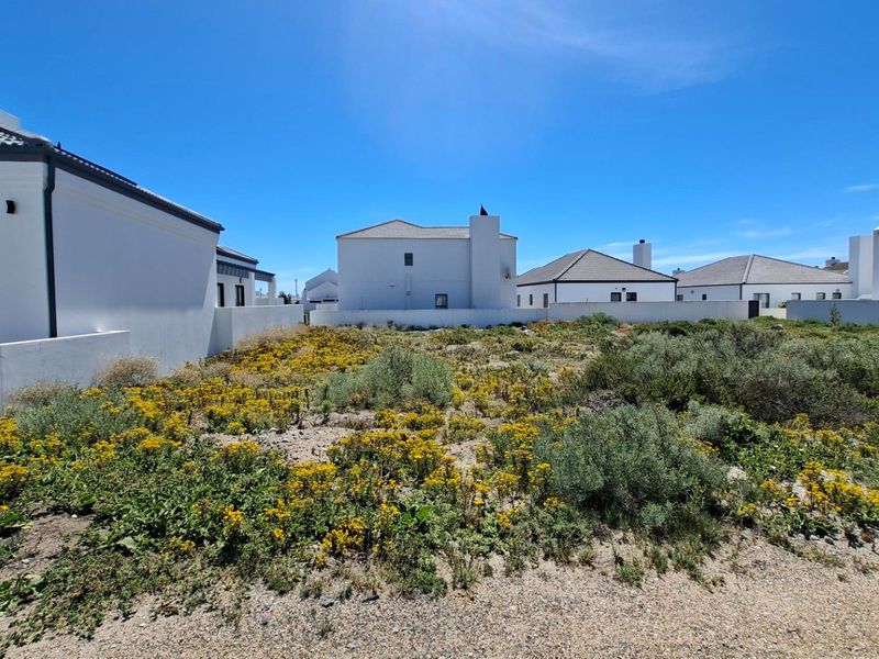 An undeveloped residential plot featuring natural vegetation, enclosed by boundary walls and surrounded by modern white-walled homes with tiled roofs.