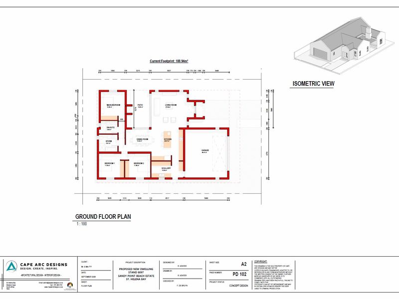 Architectural floor plan and isometric view of a proposed new dwelling, detailing the layout, room dimensions, and footprint.