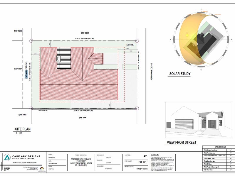 Architectural site plan and solar study for a proposed new dwelling on Stand 8097, including a street view elevation rendering.