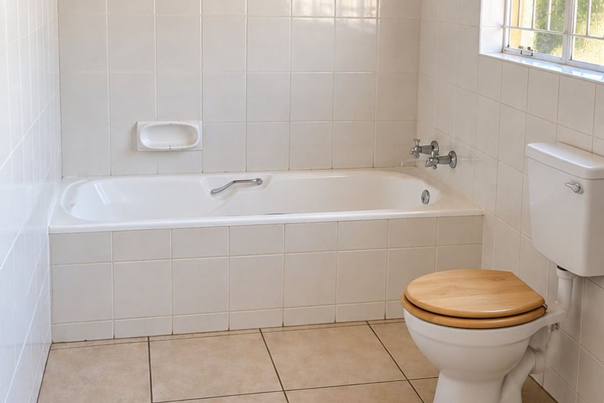 A functional bathroom featuring a built-in bathtub, ceramic tiling throughout, and a timber-paneled ceiling, offering a clean and neutral space.