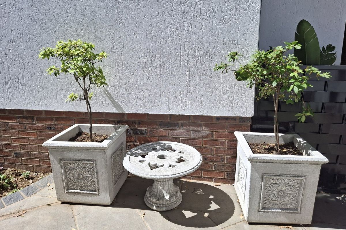 A paved outdoor patio area featuring a brick and textured plaster wall finish.