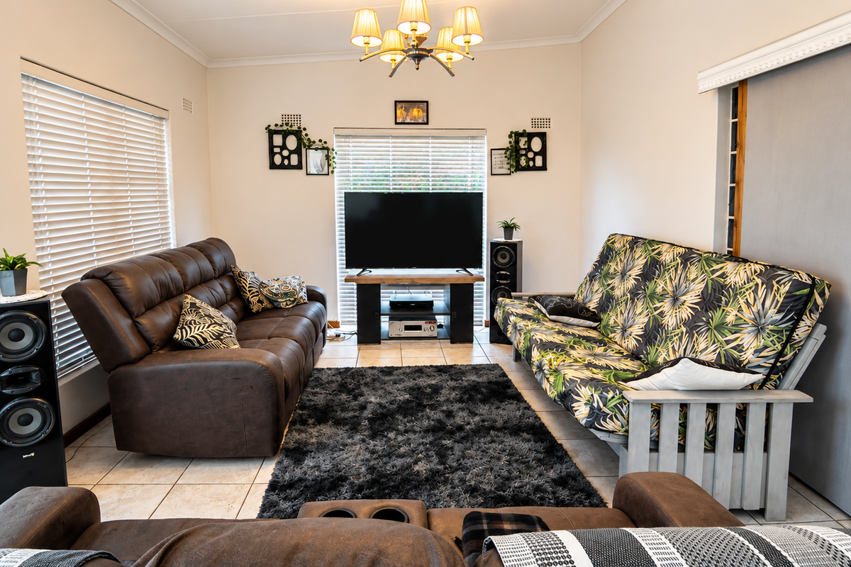 A comfortable living room featuring tiled flooring, venetian blinds, and a sliding door, providing a functional and well-lit space for relaxation.