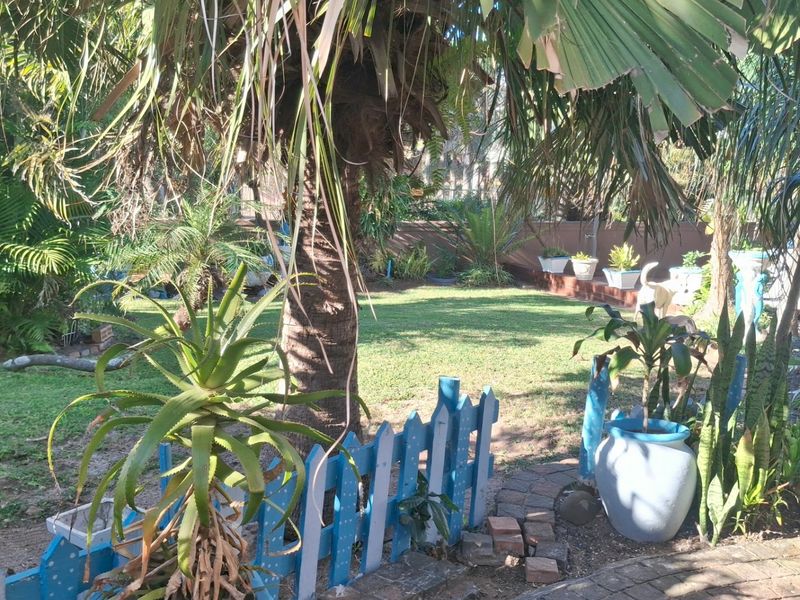 A lush, established garden featuring a mature palm tree, manicured lawn, and brick retaining wall, providing a private and tranquil outdoor space.