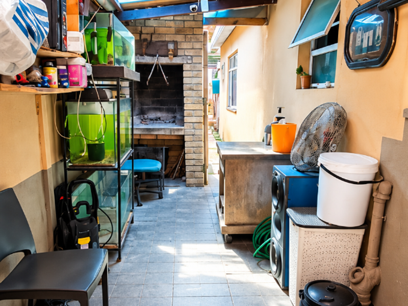 Covered outdoor patio area featuring a built-in brick braai, tiled flooring, and exposed timber roof structure, offering a functional space for outdoor cooking and entertaining.