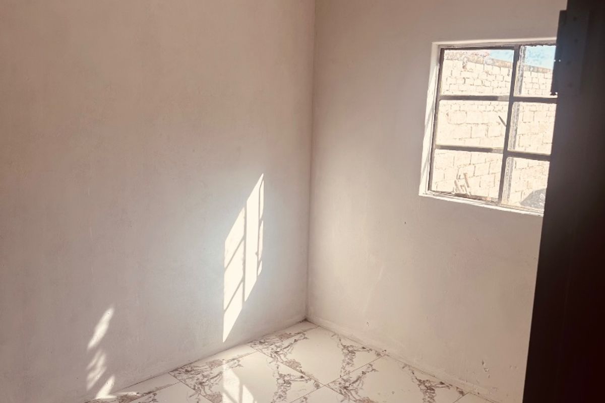 A bright, empty bedroom featuring modern patterned floor tiles, decorative ceiling cornicing, and a metal-framed window.