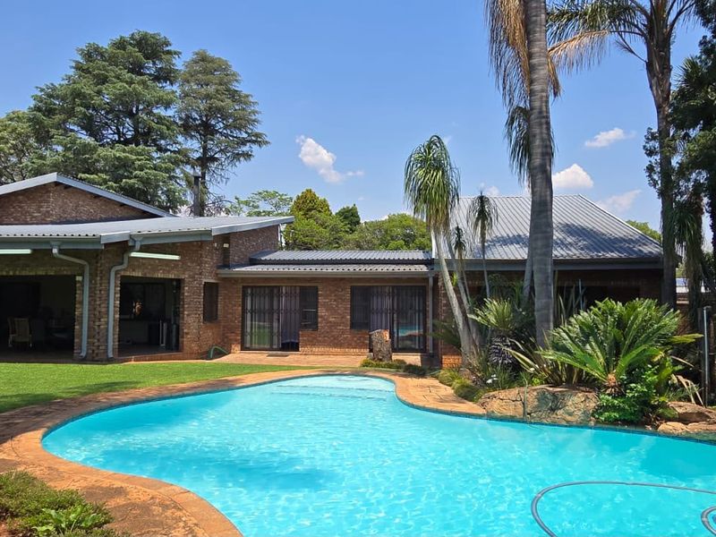 A spacious backyard featuring a swimming pool, established garden, and a brick-clad house with a covered patio area.
