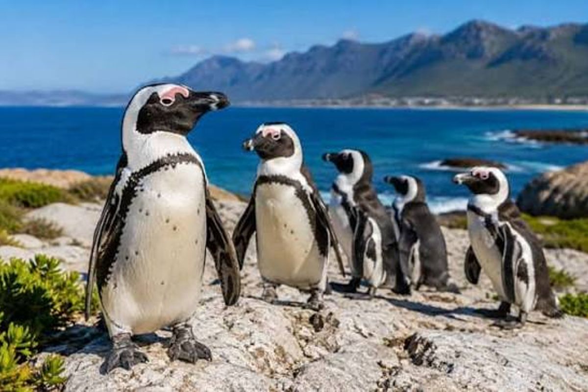 A scenic coastal landscape featuring penguins on rocky terrain with ocean and mountain views in the background.