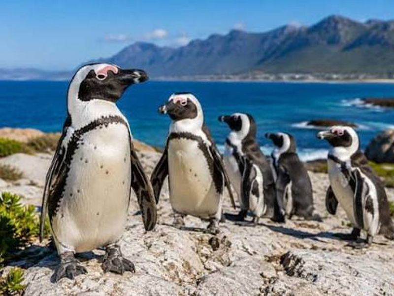 A scenic coastal landscape featuring penguins on rocky terrain with ocean and mountain views in the background.
