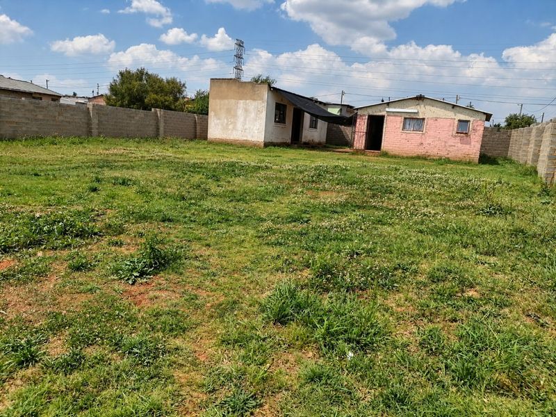 A spacious backyard featuring a large grass lawn, perimeter boundary walls, and two detached outbuildings requiring exterior maintenance.