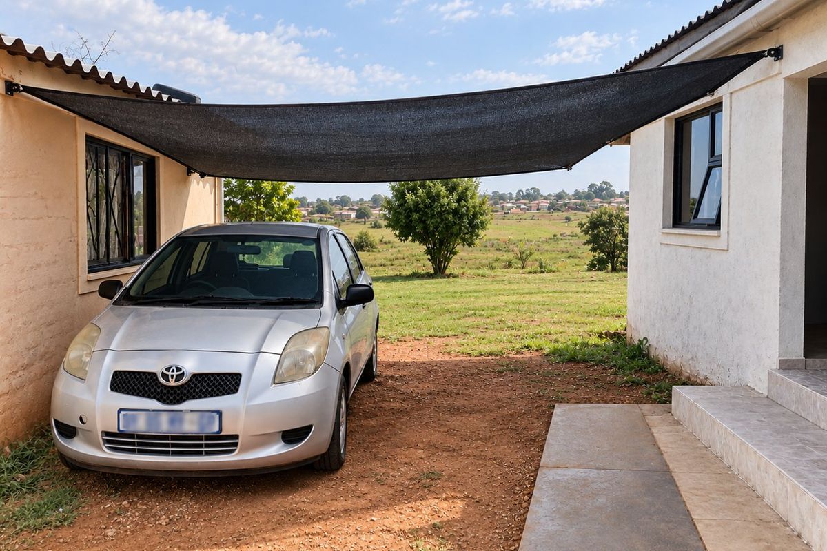 Rear exterior area featuring a shade sail, tiled entrance steps, and aluminium window frames, overlooking an open field.
