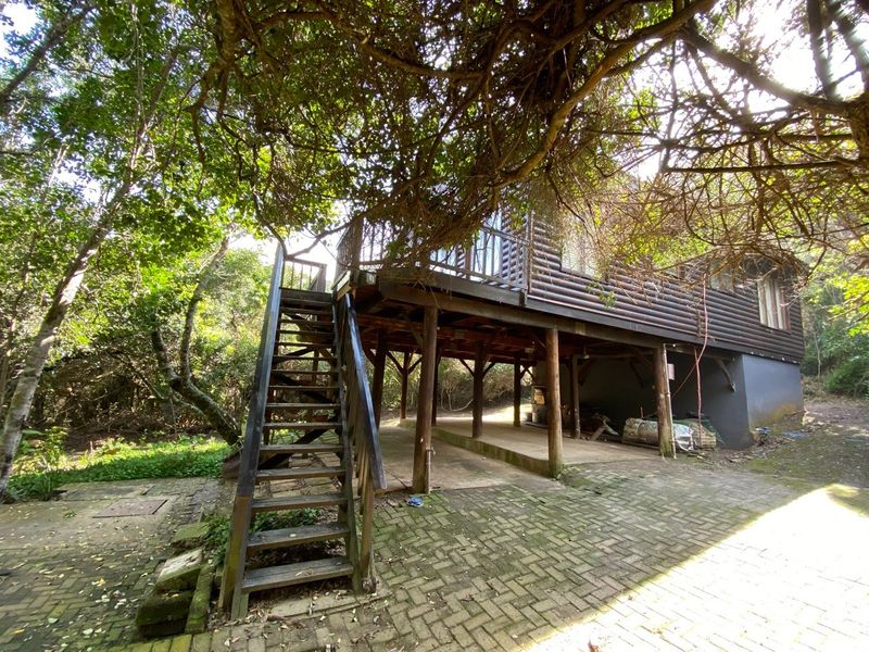 Rear view of a raised log-style house featuring an external timber staircase leading to a deck, set within a wooded garden area.