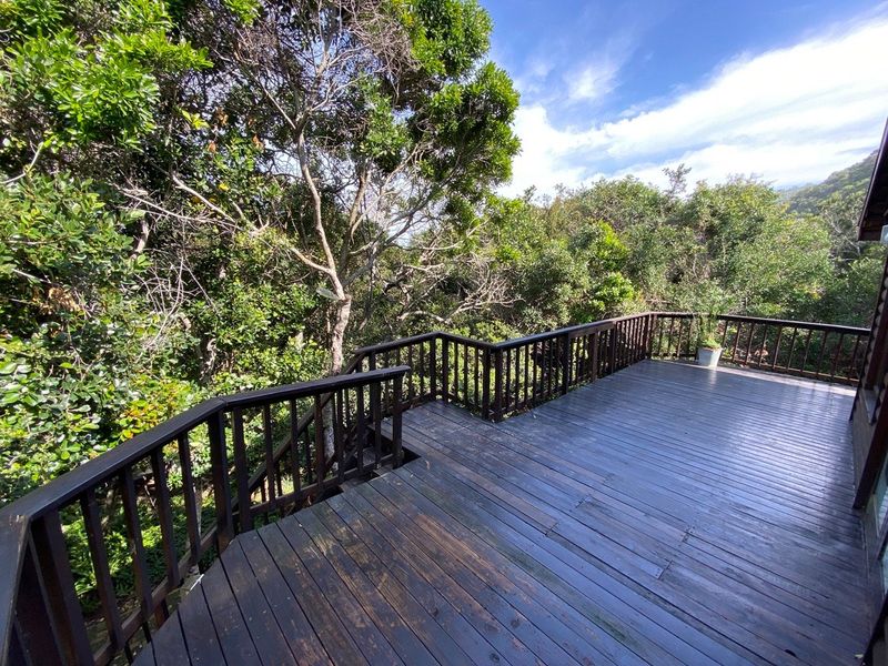 An elevated timber deck balcony featuring a wooden balustrade, overlooking a lush, dense forest canopy.