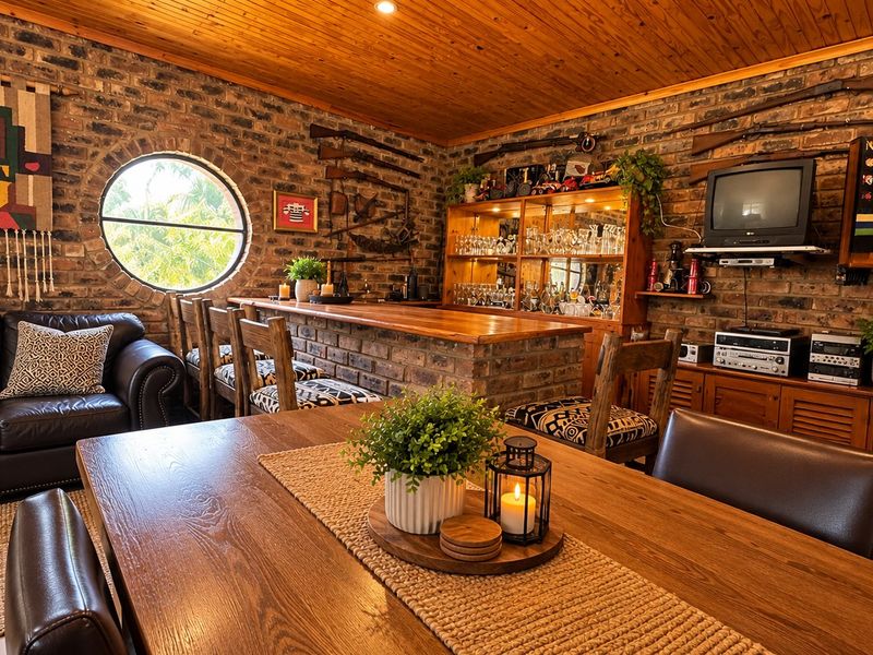 A rustic-style bar area featuring exposed brick walls, a timber ceiling, a built-in brick bar counter, and a distinctive circular window.