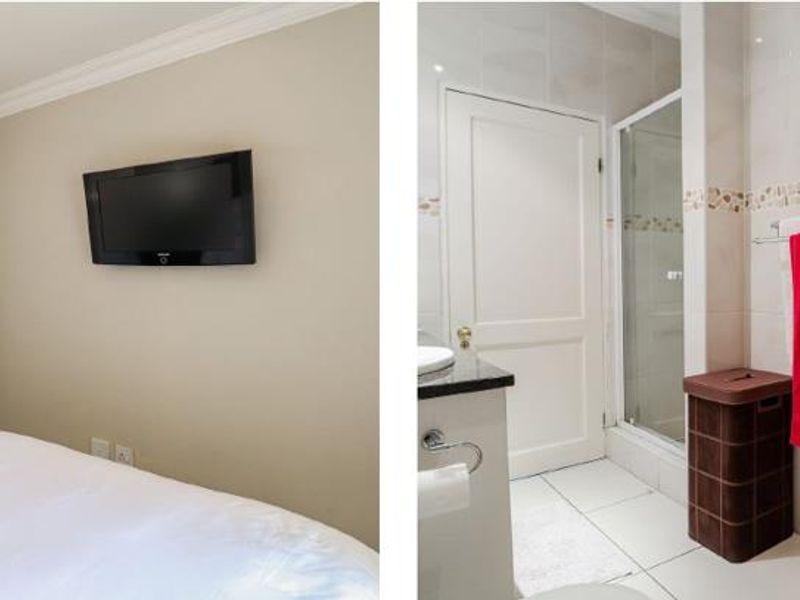 A bedroom featuring built-in wardrobes and crown molding, presented as part of a two-image collage.