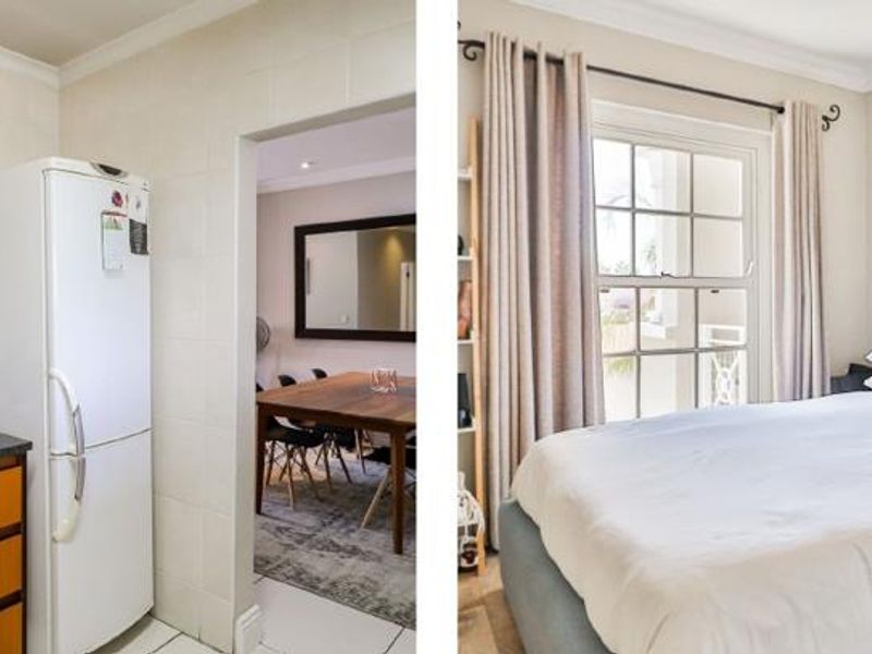 A composite image showing a kitchen prep area with built-in cabinetry and a bedroom with a window.