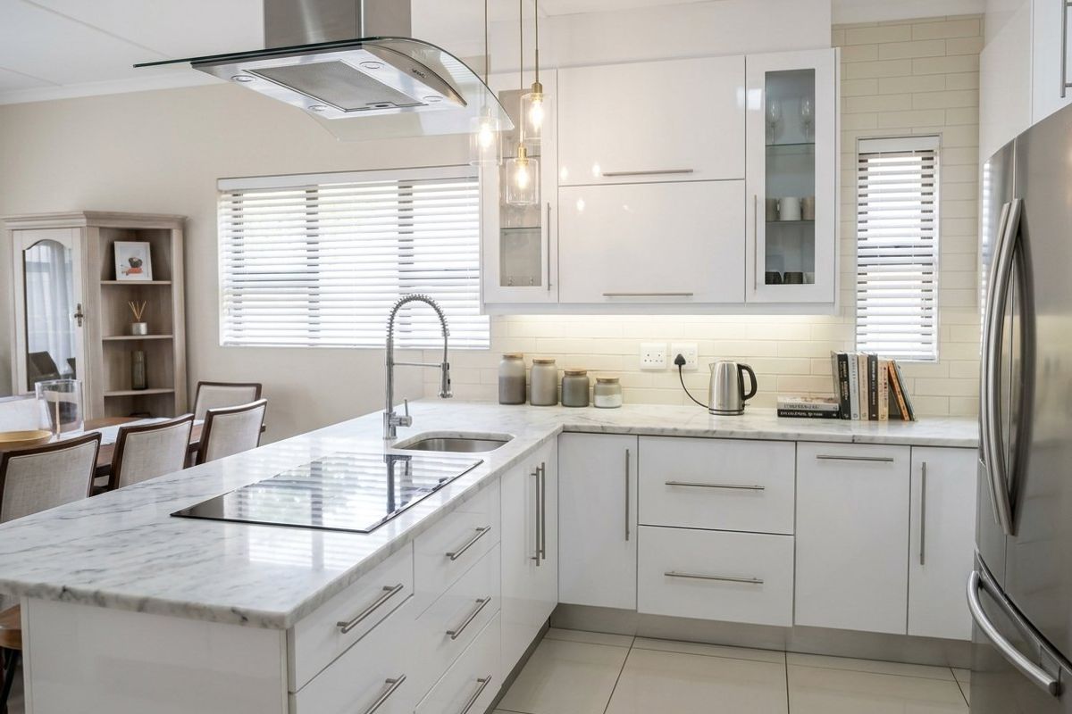 Modern kitchen featuring white cabinetry, marble countertops, a central island with an integrated hob, and high-quality stainless steel fixtures.