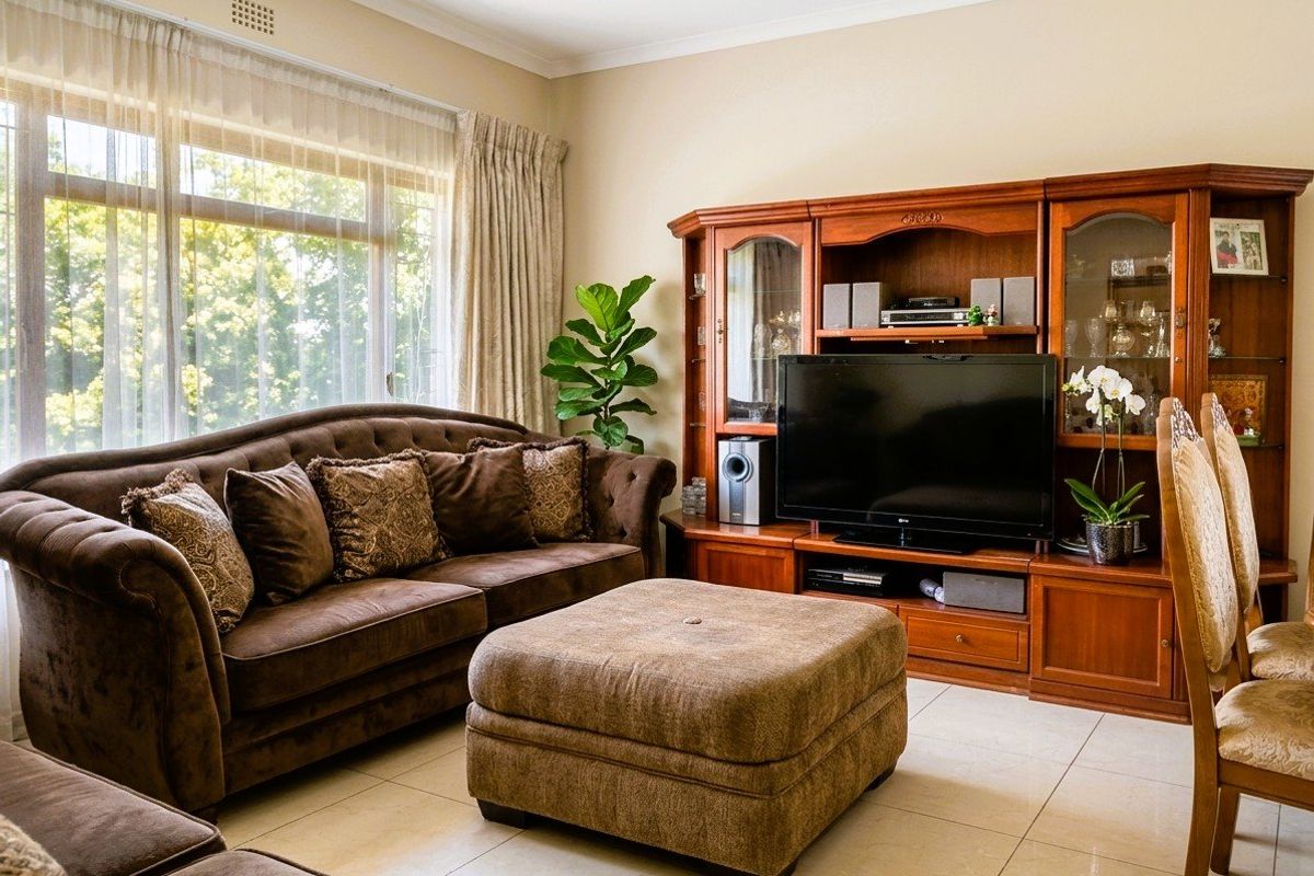 A comfortable living room featuring large windows that provide ample natural light, complemented by neutral tiled flooring and classic cornice detailing.