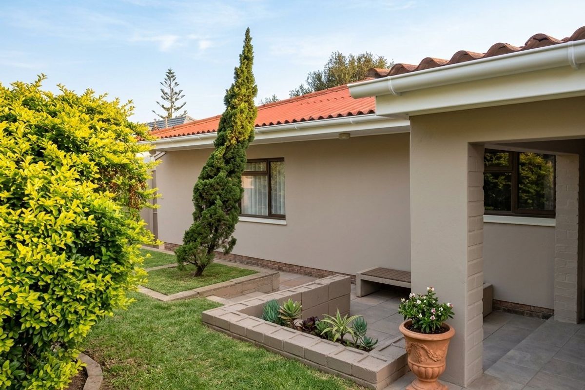 A well-maintained rear exterior view featuring a paved patio area, brick planter boxes, and a tiled roof with integrated guttering.