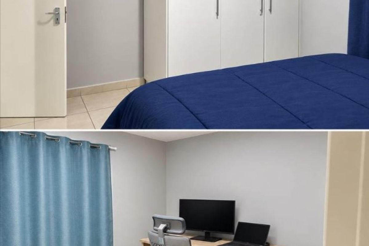 A bedroom featuring tiled flooring and a built-in wardrobe, presented as a two-part collage image.