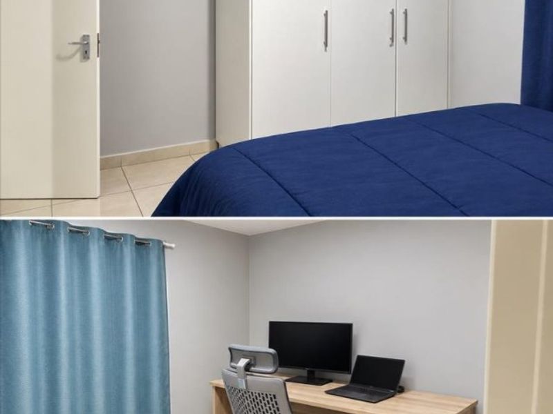 A bedroom featuring tiled flooring and a built-in wardrobe, presented as a two-part collage image.