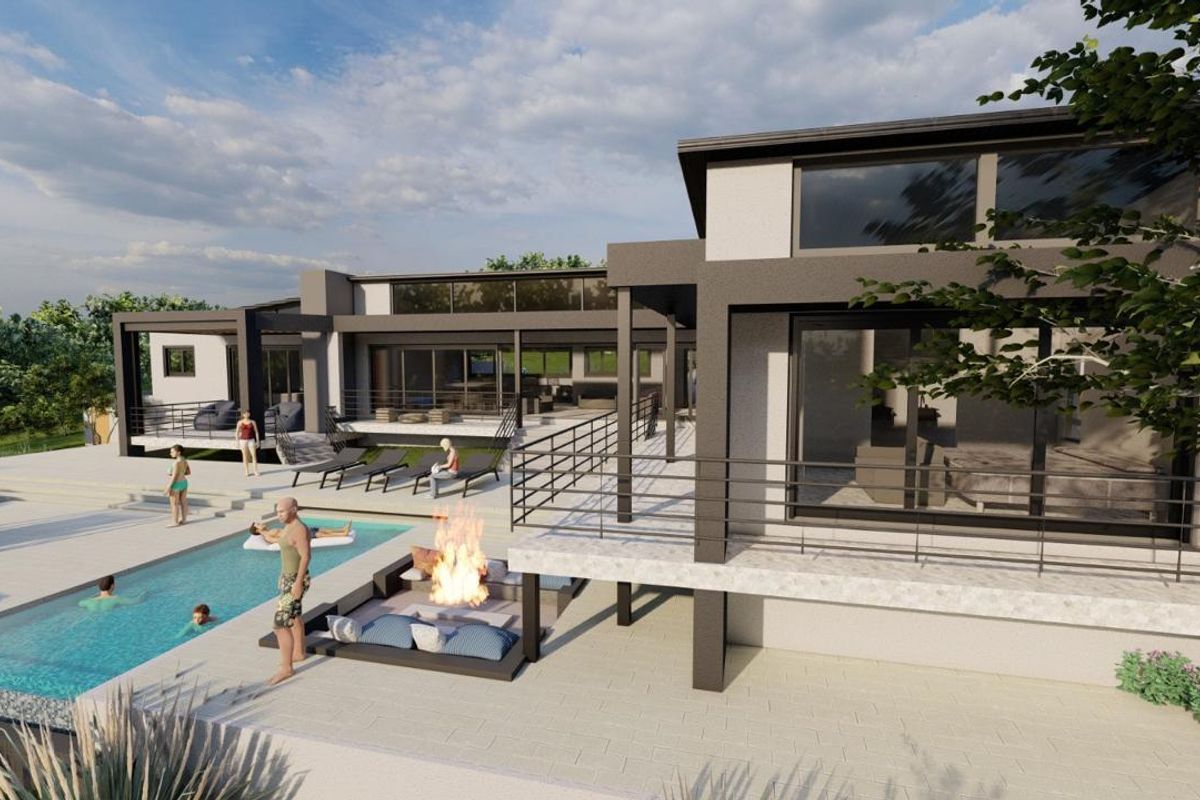 A modern architectural rendering of a rear exterior featuring a swimming pool, sunken fire pit, and expansive covered patio areas with contemporary finishes.
