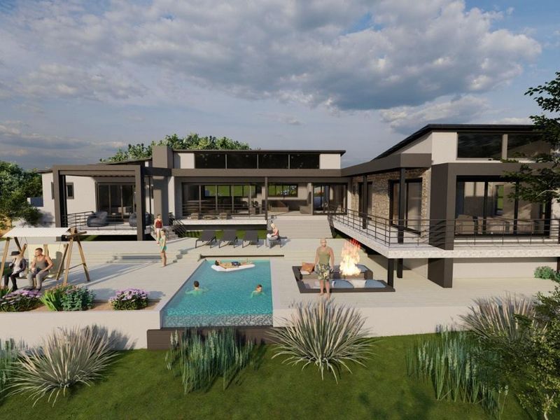 A modern architectural rendering of a rear elevation featuring a swimming pool, sunken fire pit, expansive covered patio, and elevated balcony areas.