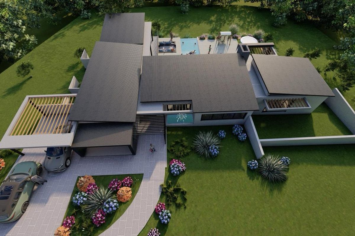Aerial view of a modern residential property featuring a swimming pool, landscaped gardens, paved driveway, and contemporary architectural design with a metal roof.