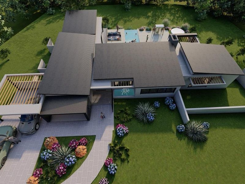 Aerial view of a modern residential property featuring a swimming pool, landscaped gardens, paved driveway, and contemporary architectural design with a metal roof.