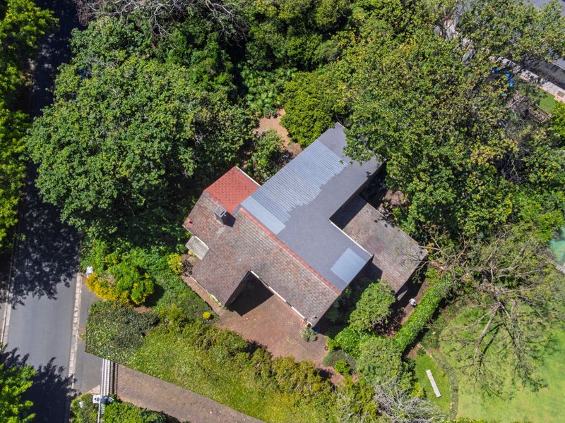 Aerial view of the property showcasing the roof structure, surrounding mature trees, paved driveway, and established garden area.