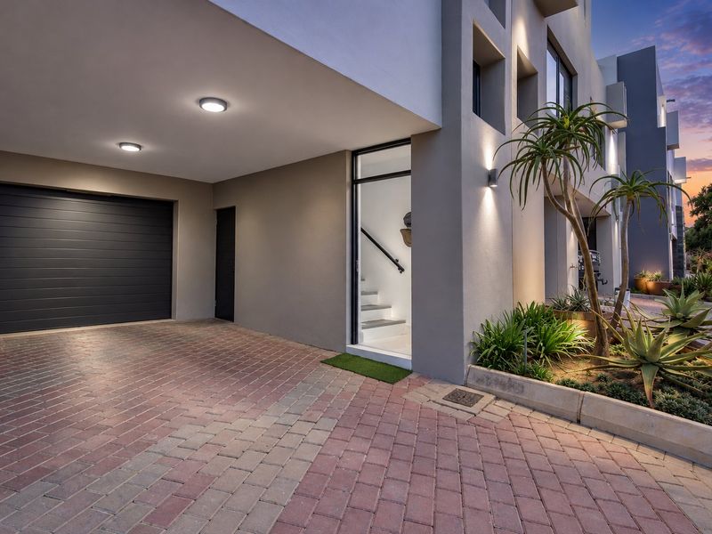 Modern front facade featuring a paved driveway, integrated garage, and contemporary exterior lighting with landscaped garden beds.