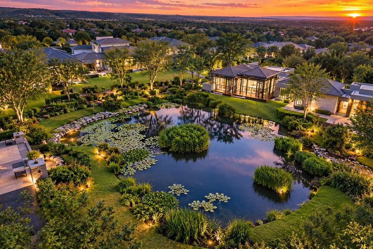 Stunning aerial view of a luxury estate featuring a large ornamental pond, manicured gardens, and elegant architectural lighting at sunset.