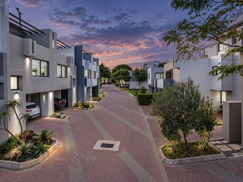 A well-maintained modern residential complex street view featuring paved driveways, integrated garages, and landscaped garden beds under a sunset sky.