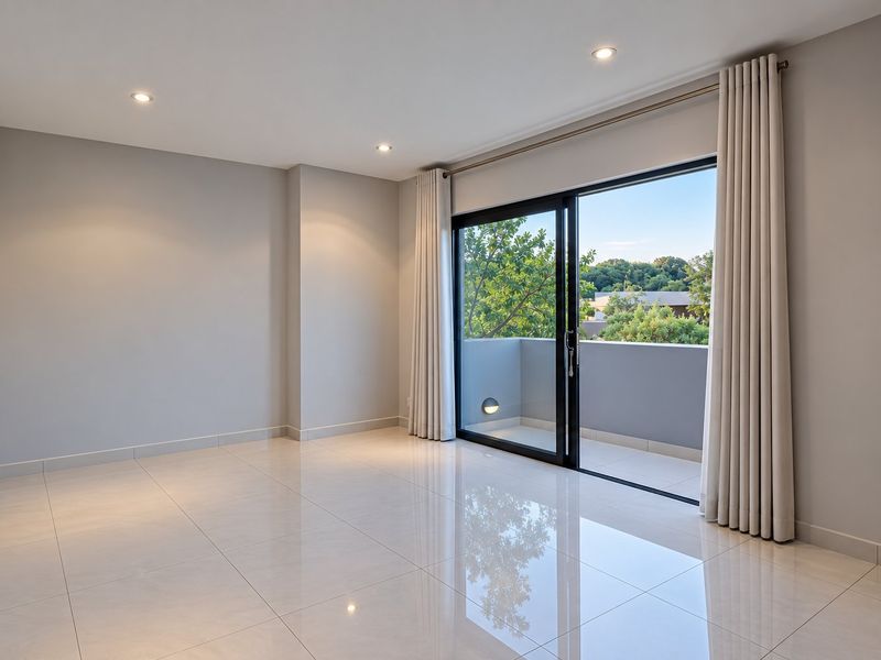 A bright, empty living room featuring polished tile floors, recessed lighting, and a large sliding glass door leading to a private balcony.