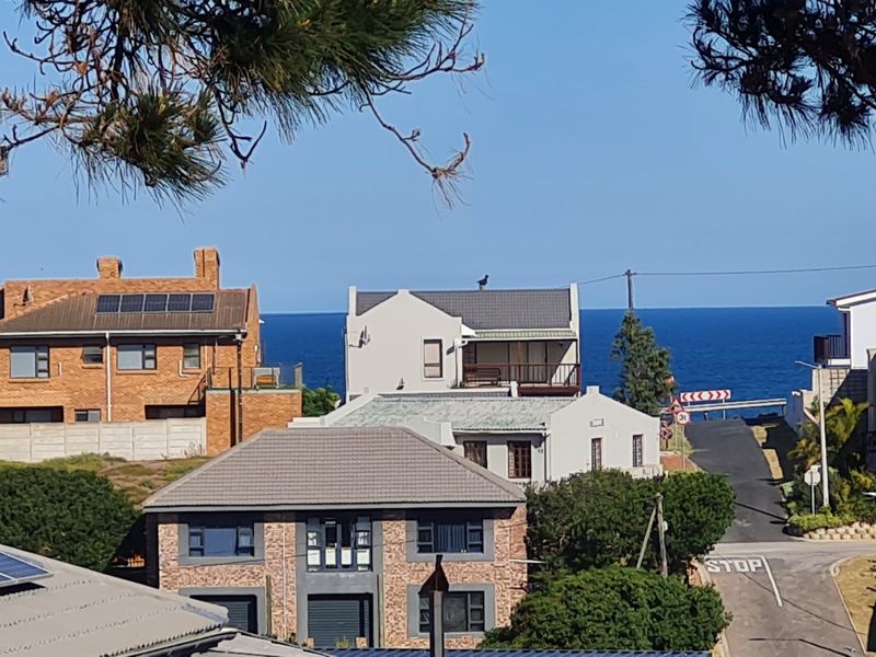 A scenic elevated view overlooking a coastal residential neighborhood with a clear horizon line of the ocean.