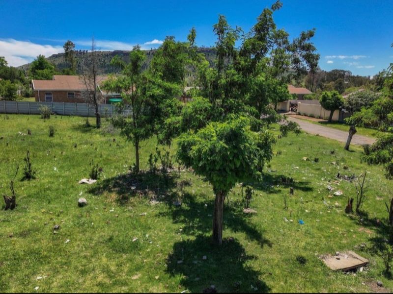 An aerial view of a vacant residential plot featuring established trees and grass, situated in a developed neighborhood with surrounding residential properties.