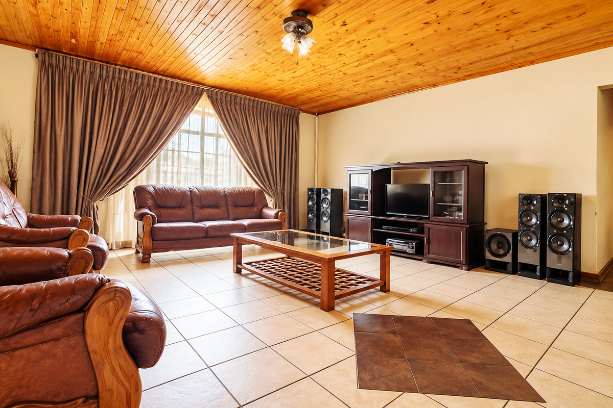 Spacious living room featuring a warm timber tongue and groove ceiling and neutral ceramic floor tiles, offering a comfortable and traditional living space.