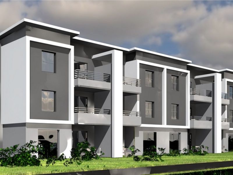 A digital architectural rendering of a modern multi-story apartment complex featuring clean lines, grey and white facade, and private balconies.