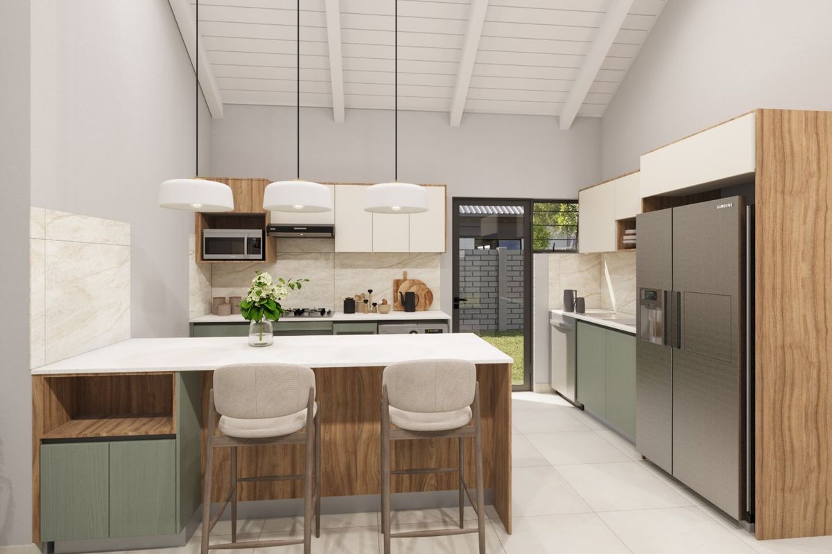 Modern kitchen featuring a central island, sleek cabinetry, stone countertops, and high ceilings with exposed beams, offering a bright and contemporary culinary space.
