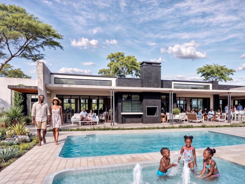 Spacious outdoor entertainment area featuring a swimming pool, wading pool with fountains, and a covered patio with a built-in fireplace.
