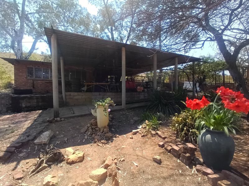 A rustic outdoor patio area featuring a corrugated metal roof supported by concrete pillars, set against a natural farm landscape.