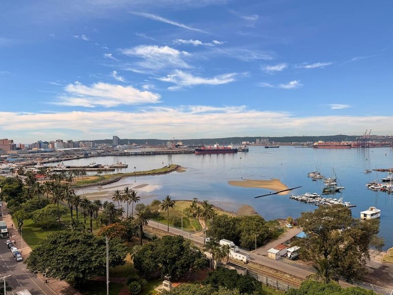 Elevated panoramic view overlooking the harbor, coastline, and city skyline, showcasing the surrounding maritime infrastructure and landscaped park areas.