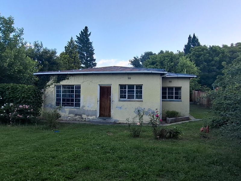 Rear view of a detached house featuring a metal roof, security bars on windows, and a large surrounding garden area.