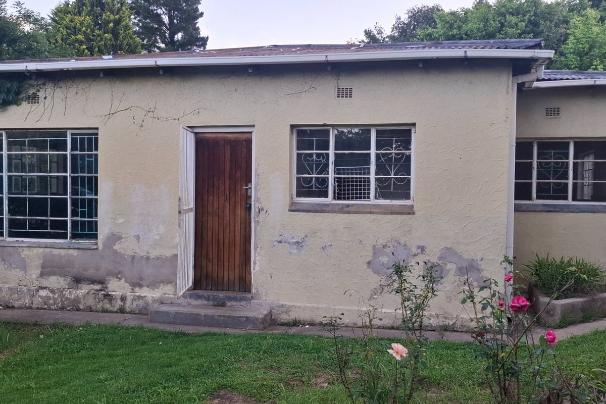 Rear exterior view of a single-story house featuring a timber entrance door, metal security bars on windows, and a small concrete garden planter.
