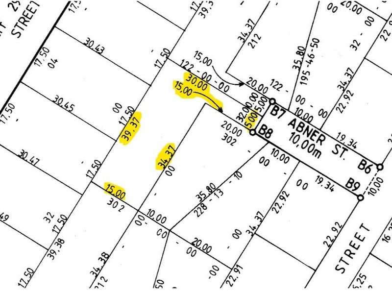 A cadastral survey map or site plan showing property boundaries, street frontage, and land dimensions for the residential plot.