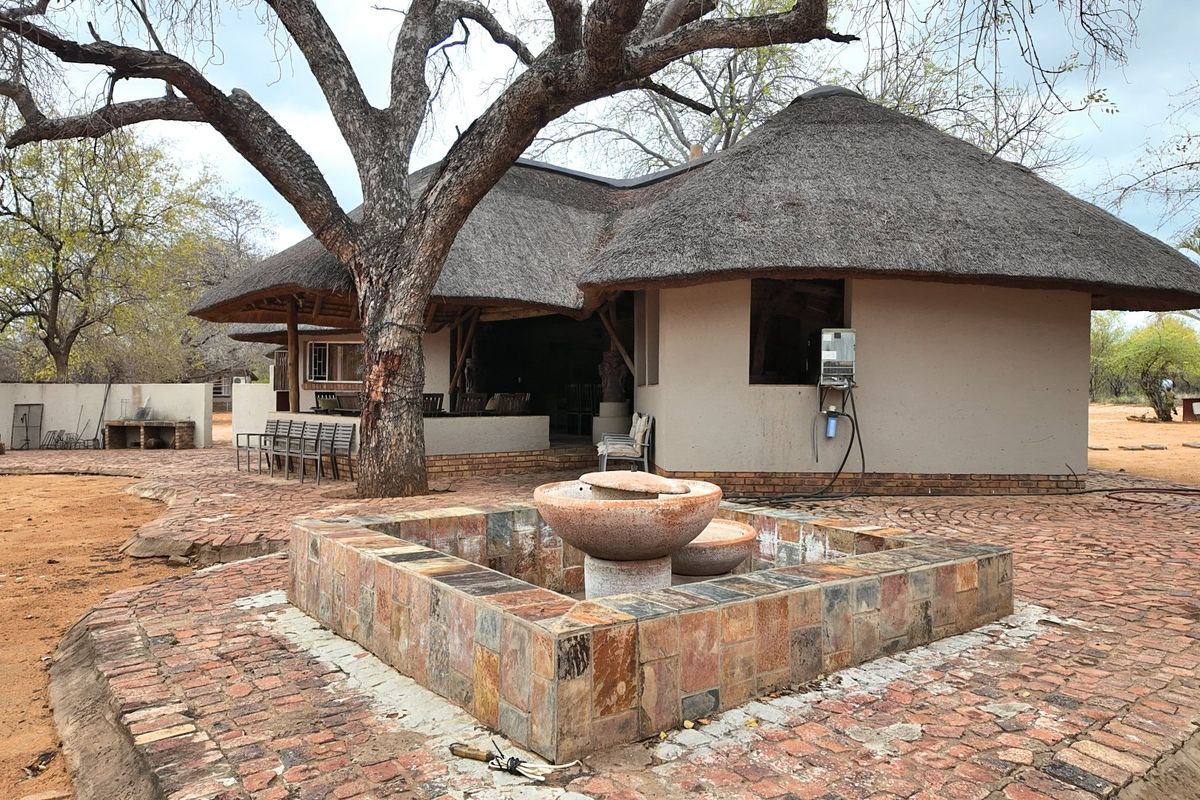 Rear view of a thatched-roof farm dwelling featuring a brick-paved patio, a stone water feature, and an outdoor built-in braai area.
