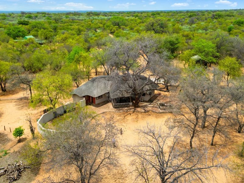 Aerial view of a farm property featuring a main dwelling with a traditional thatch roof, surrounded by natural bushveld and a perimeter wall.