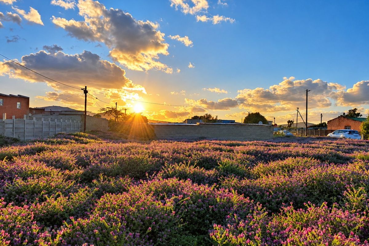 A scenic view of a vacant residential plot covered in flowering vegetation at sunset, featuring boundary walls and utility infrastructure.