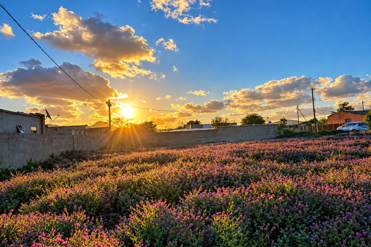 A scenic view of a vacant residential plot featuring a field of flowering plants enclosed by a perimeter boundary wall at sunset.