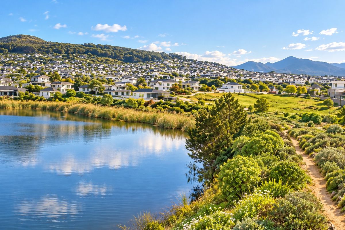 A scenic view overlooking a tranquil lake, lush green landscaping, and a residential estate nestled against a mountain backdrop.