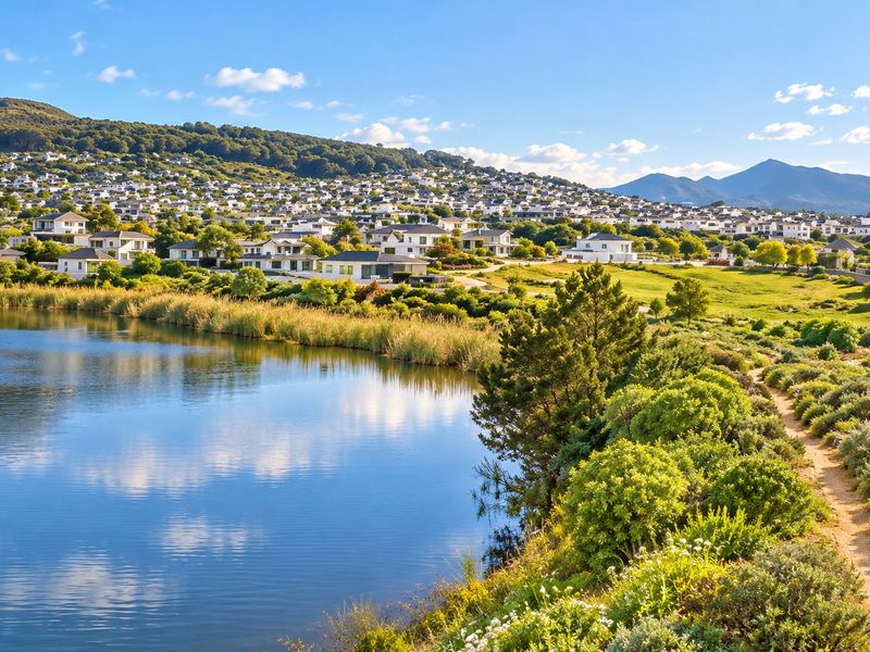 A scenic view overlooking a tranquil lake, lush green landscaping, and a residential estate nestled against a mountain backdrop.